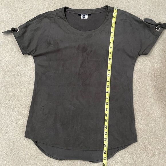 Raffinalla Womens Short Sleeve Micro Suede Top Gray Sz 2 Tie Grommet Round Neck - Picture 7 of 11